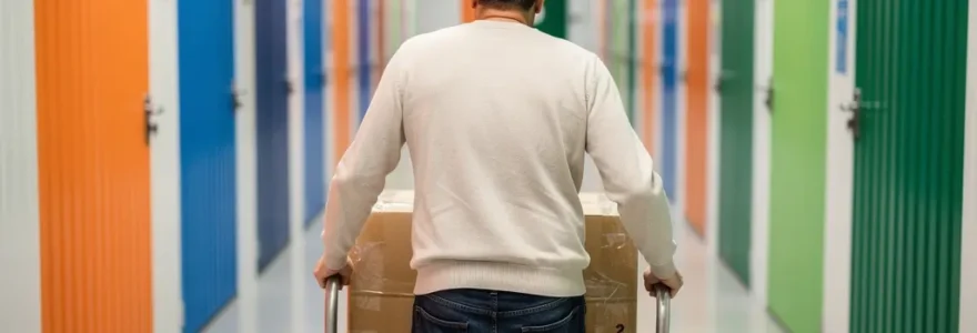 Couloir de centre de self-stockage avec portes de box colorées et chariot de cartons