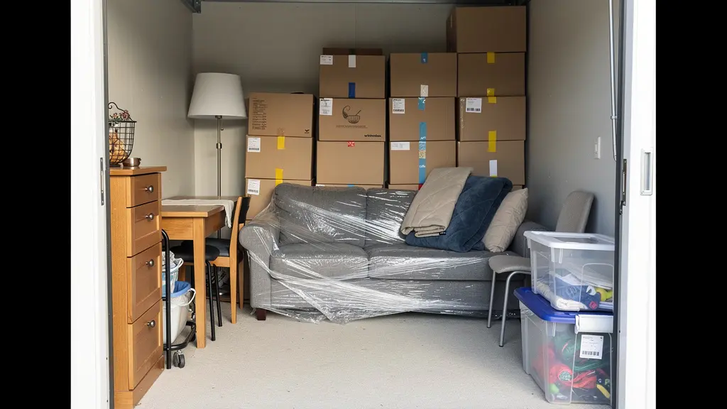Intérieur d'un box de stockage avec canapé emballé et cartons organisés
