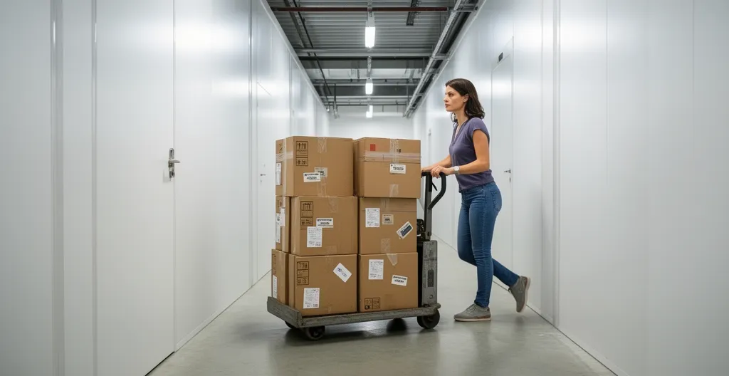 Femme poussant un chariot de cartons dans le couloir d'un centre de self-stockage