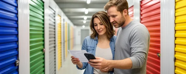Couple consultant smartphone devant boxes de stockage métalliques à Strasbourg