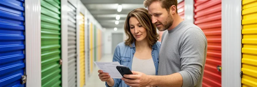 Couple consultant smartphone devant boxes de stockage métalliques à Strasbourg