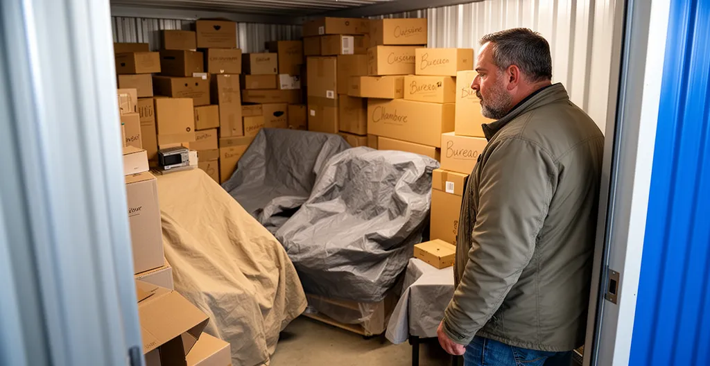 Intérieur de box de stockage rempli de cartons empilés lors d'un déménagement