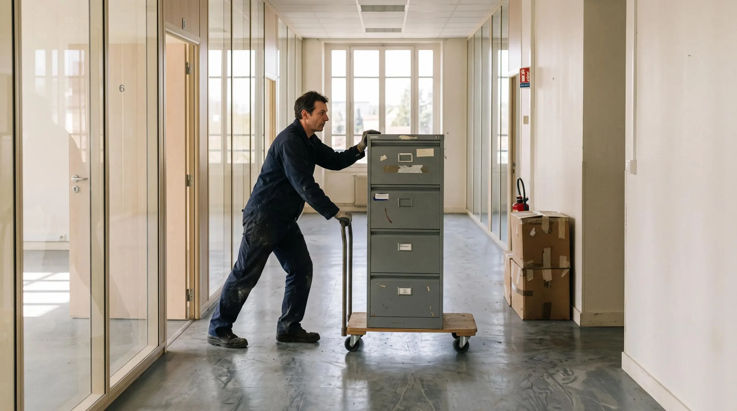 Un déménageur pousse une armoire de bureau sur un chariot roulant dans le couloir de nouveaux locaux d'entreprise en France.