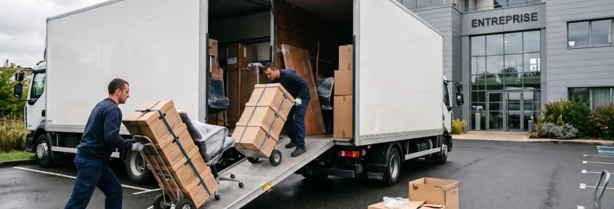 Deux déménageurs chargent du mobilier de bureau emballé dans un camion devant les locaux d'une entreprise en France.