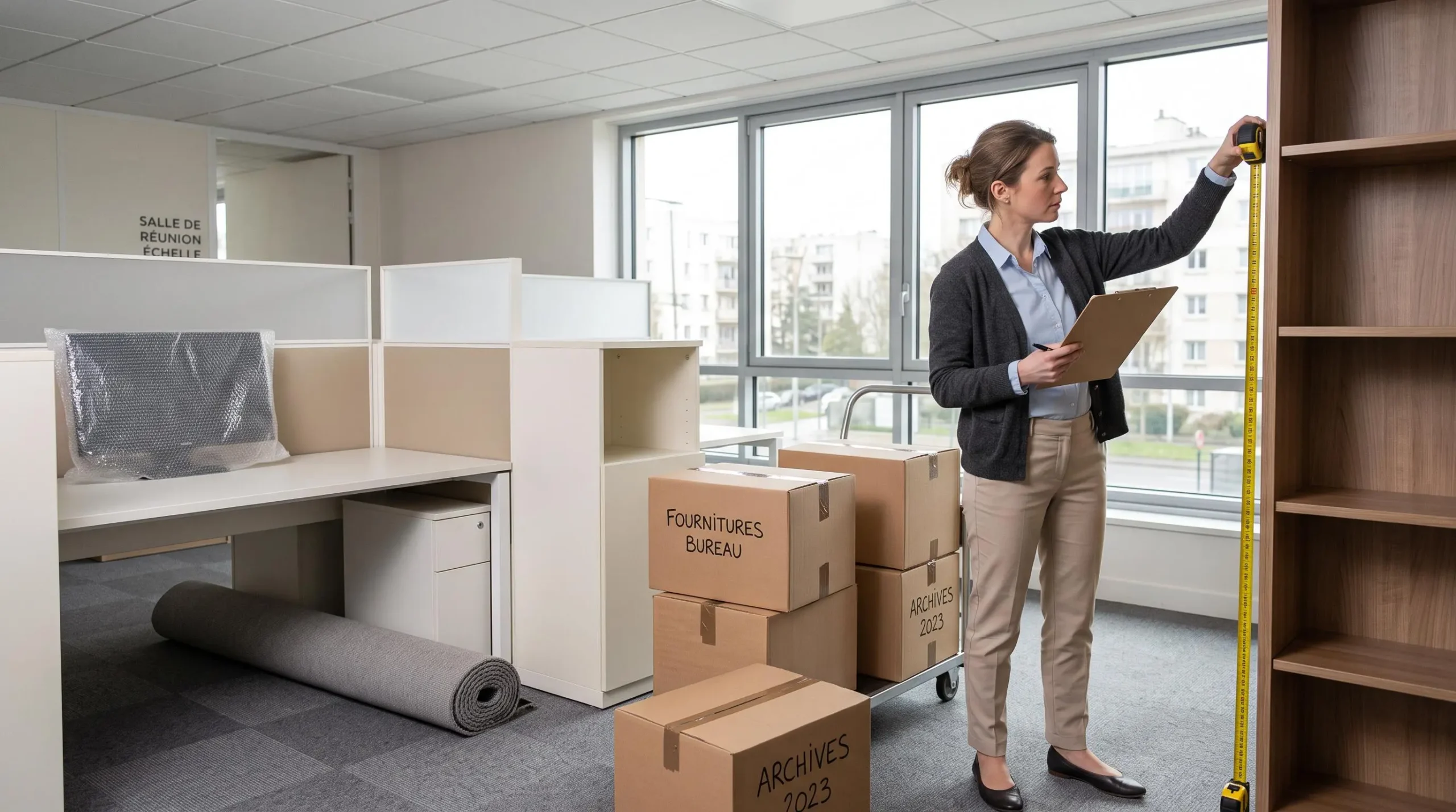 Une responsable d'office mesure un meuble à l'aide d'un mètre ruban dans un bureau en cours d'évacuation, des cartons empilés à côté.