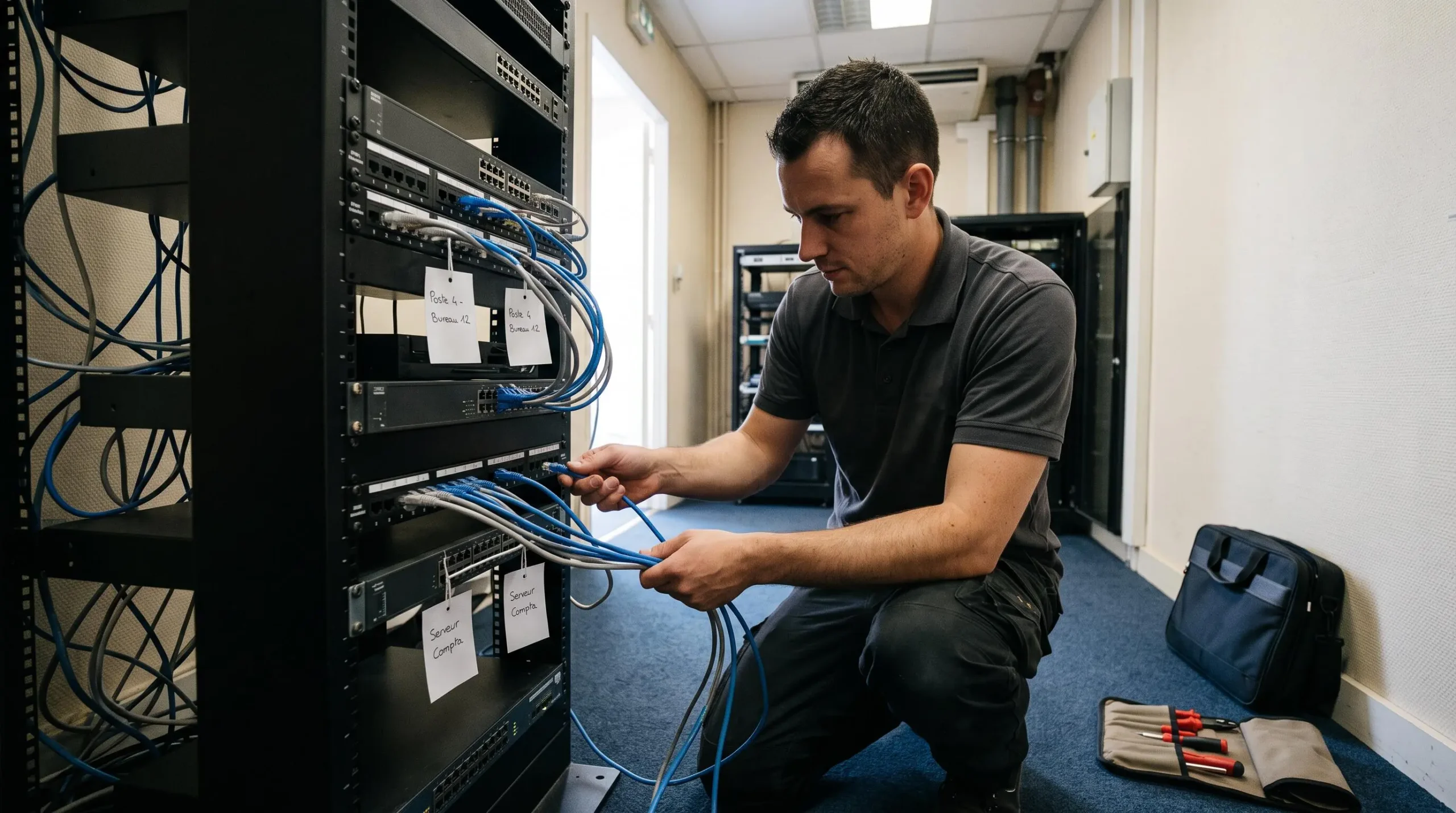Un technicien informatique débranche et étiquette des câbles réseau à l'arrière d'une baie de serveurs dans une salle technique d'entreprise.